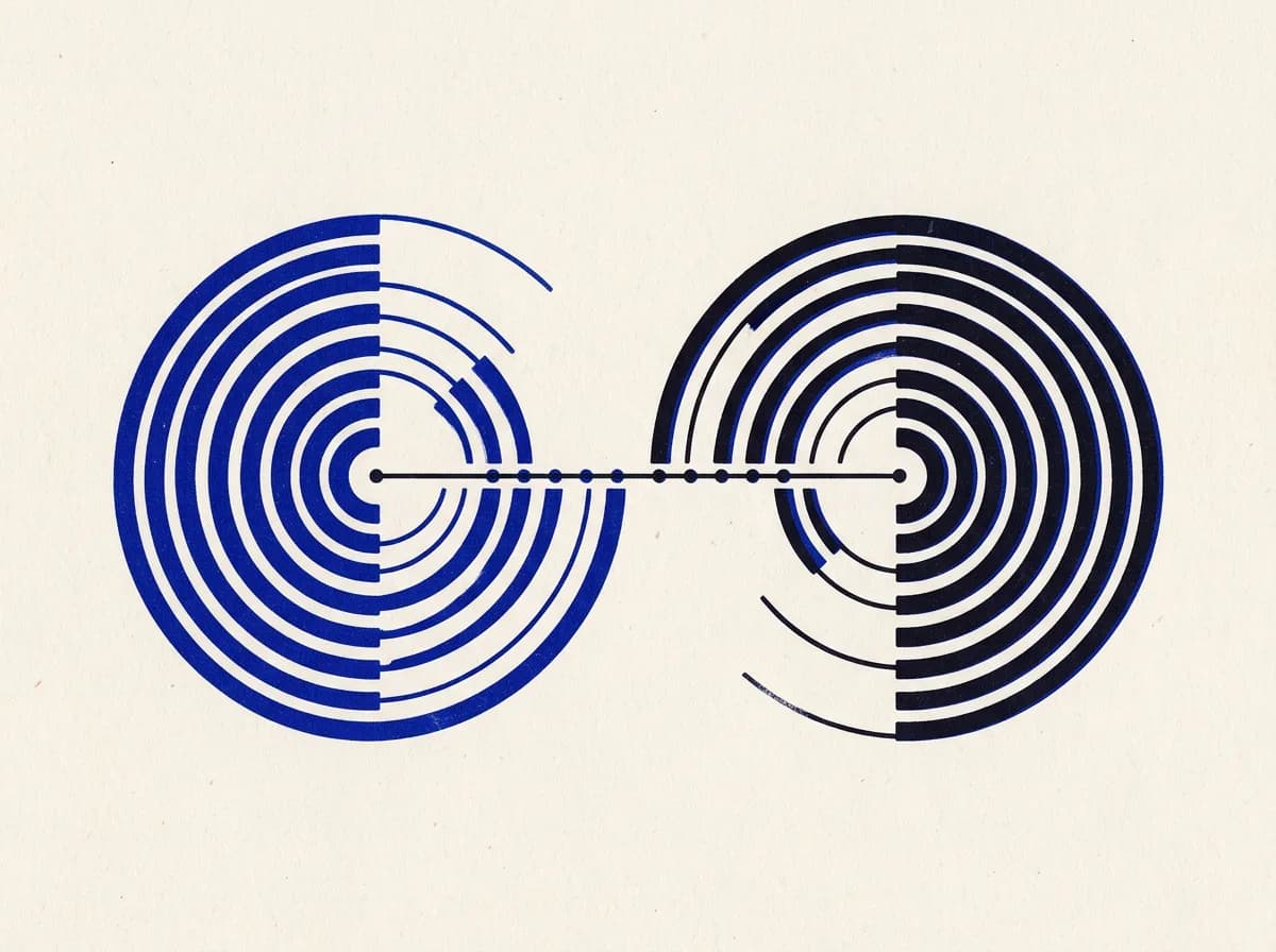 Two concentric arc clusters connected by a line of travelling dots.